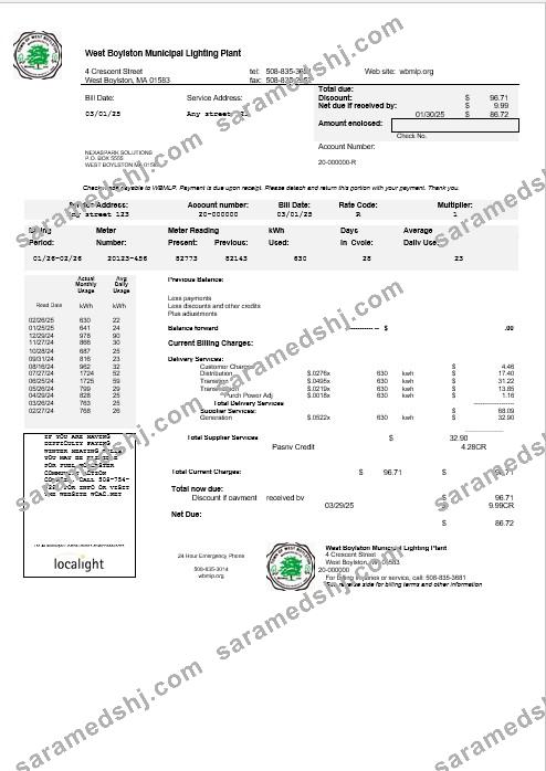 USA West Boylston business utility bill template in Word and PDF formats